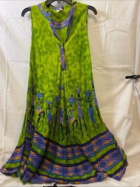 Lovely Vibrant Green bohemian Maxi Dress with Purple Tribal Border